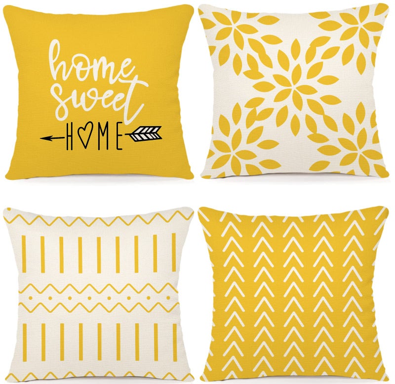 YCOLL Pillow Covers 16x16 Set of 4, Modern Sofa Throw Pillow Cover, Decorative Outdoor Linen Pillow Covers Set of 4 for Couch Sofa Bed and Car, Yellow - Image 1